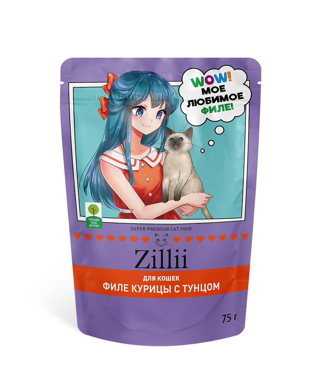 Консервированный корм ZILLII для взрослых и стерилизованных кошек. Мясные волокна в желе Курица с Тунцом, пауч 75 г