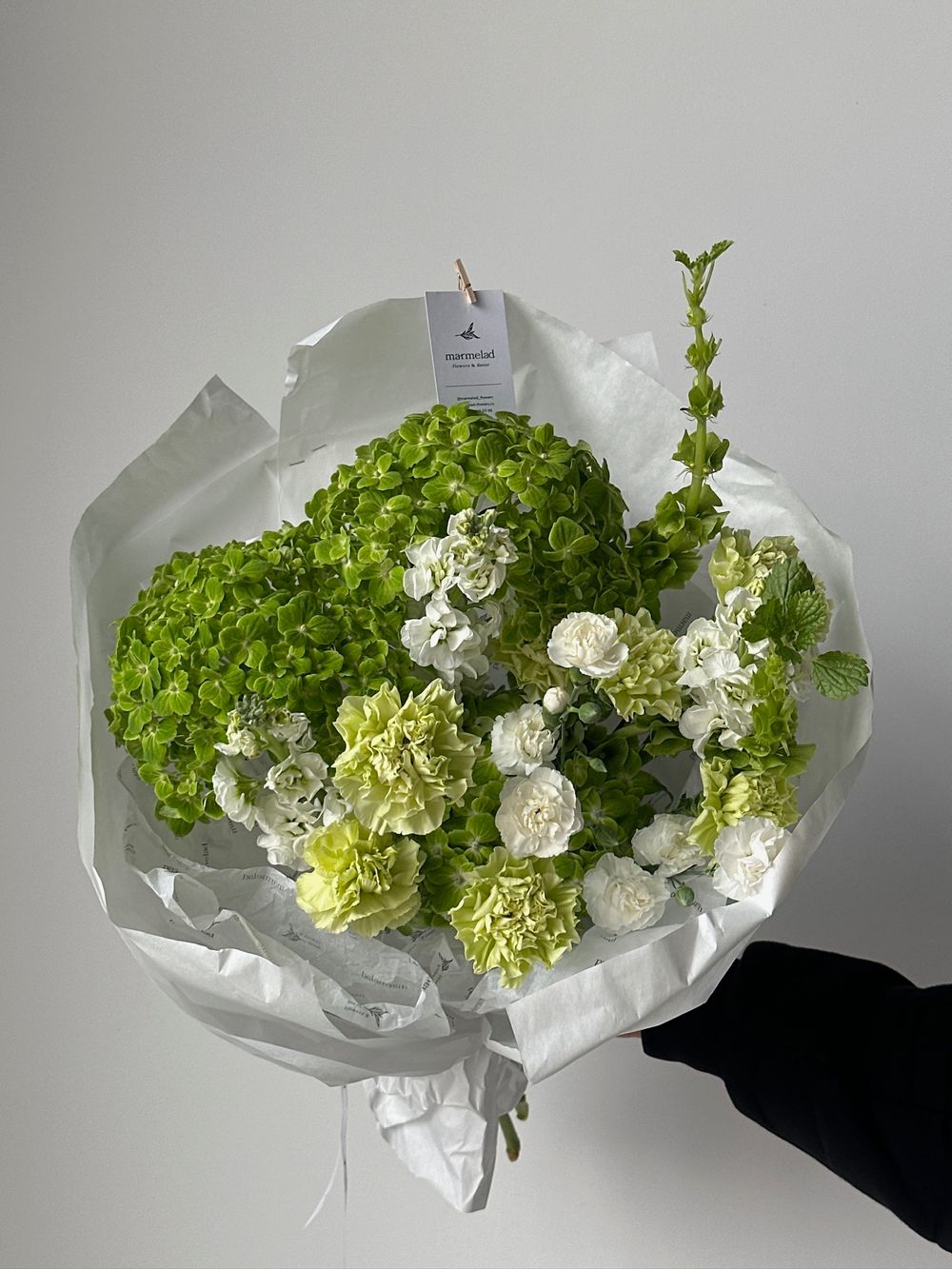 Букет сборный из гортензии, диантусов, моллюцелы и маттиолы