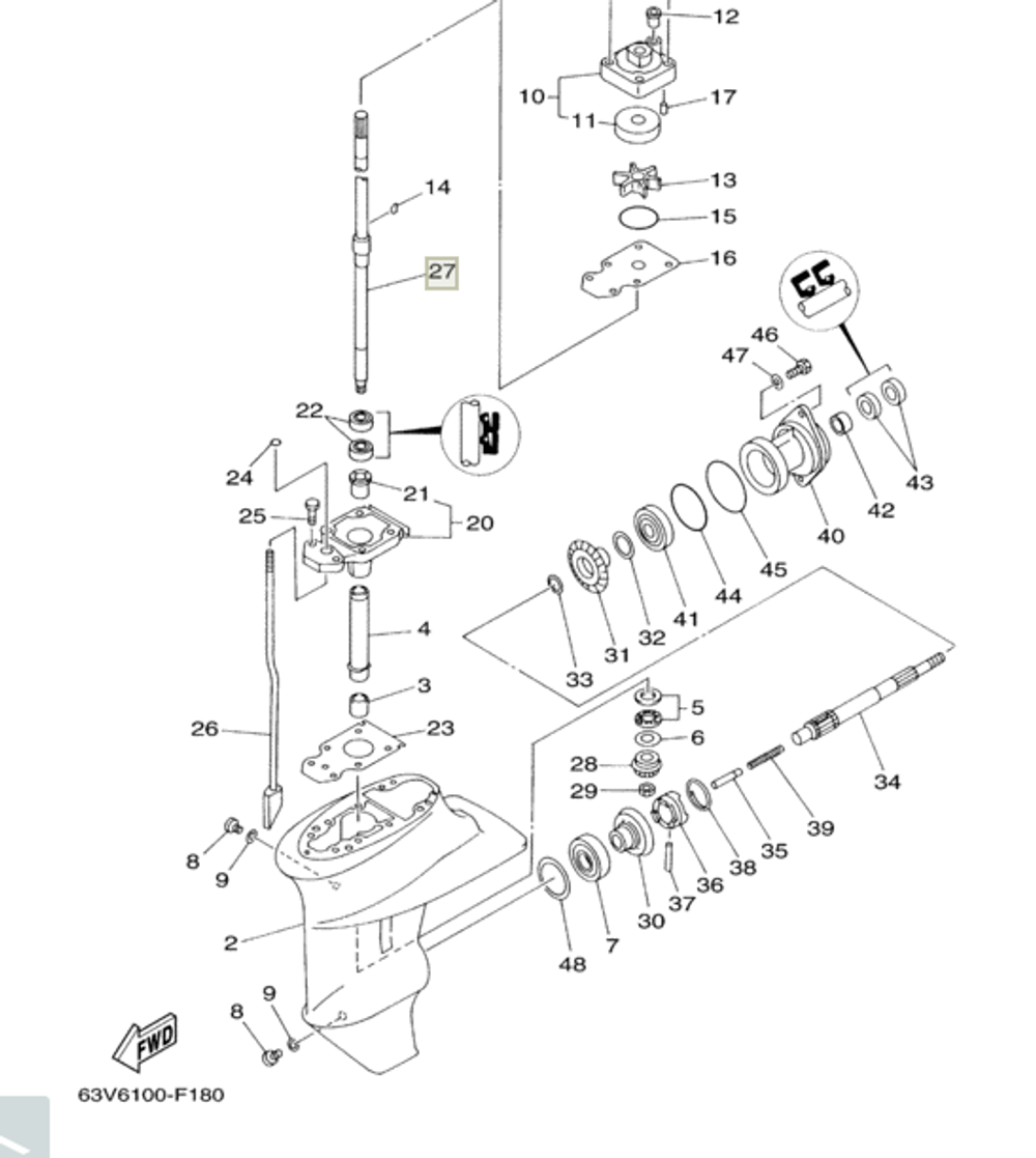 Вертикальный вал редуктора Yamaha F9.9/F15