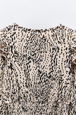 ZARA ПЛАТЬЕ ИЗ РЕЛЬЕФНОЙ ТКАНИ С ПРИНТОМ, ЭКРЮ