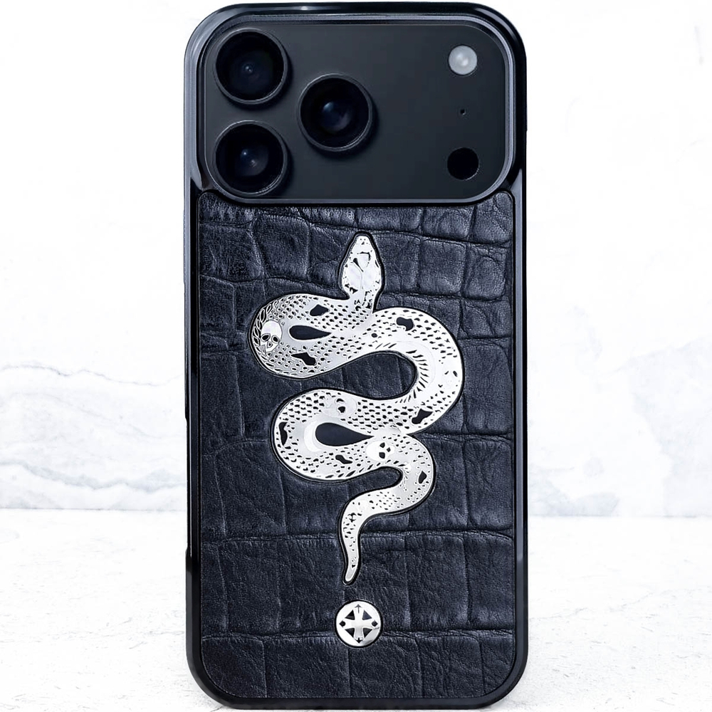 Премиальный чехол для iPhone из натуральной кожи со змеей - Euphoria HM Premium - ювелирный сплав
