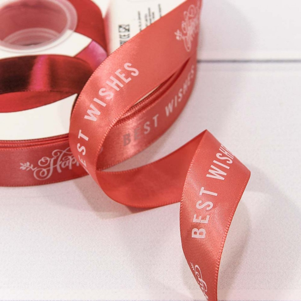 Лента Атласная 2,5см х 110м Полиэстер "Best Wishes" с печатью (Красный)