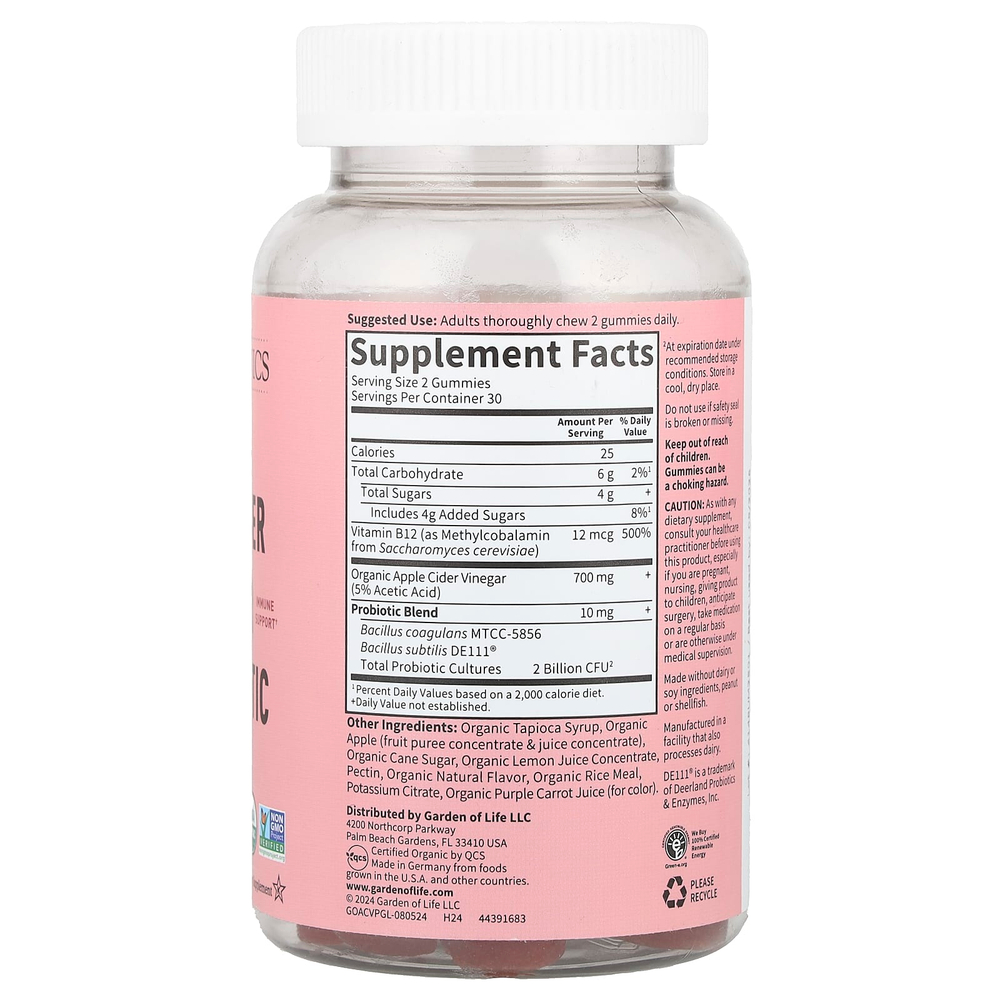 Garden of Life, Organics, жевательные мармеладки с органическим яблочным уксусом и пробиотиками, 60 веганских жевательных таблеток