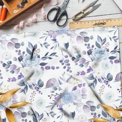 Ткань габардин сиреневый букет на белом фоне