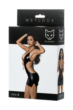 Glossy JULIE - Платье из материала Wetlook с красной шнуровкой, черный, XL