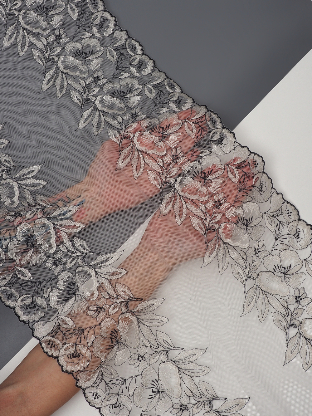 Кружево вышивка на сетке экрю с черным неэластичная ширина 36 см