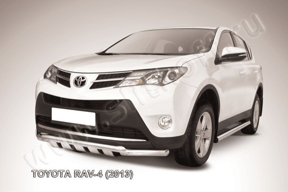 Защита переднего бампера (нержавейка) Toyota Rav-4 (2012-2015) d57+d57 с защитой картера (черный)