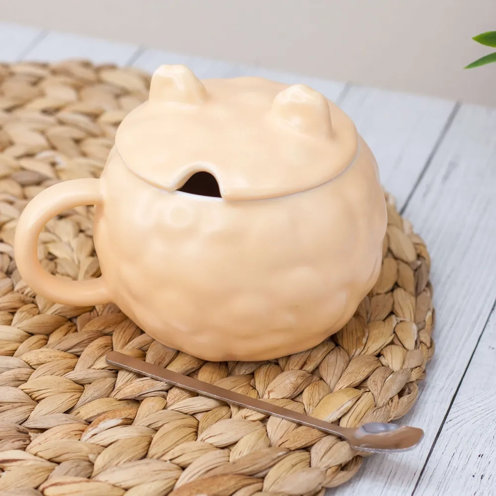 Керамическая кружка с крышкой и ложкой, розовый/голубой/желтый/персиковый, 370 мл