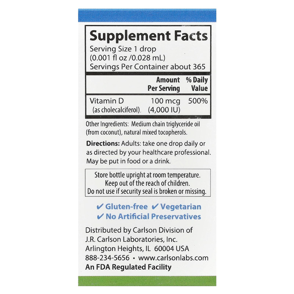 Carlson, Super Daily® D3, 100 мкг (4000 МЕ), 10,3 мл (0,35 жидк. Унции)