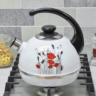 Чайник 3,5л со свистком, консольная ручка, белый "Полевые маки"