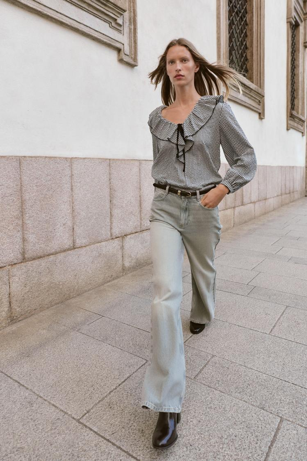 ZARA БЛУЗА В КЛЕТКУ ВИШИ С ВОЛАНАМИ, ЧЕРНЫЙ/ЭКРЮ