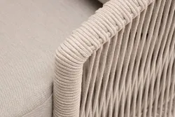 "Верона" диван 3-местный плетеный из роупа, каркас алюминий белый муар, роуп бежевый круглый, ткань бежевая 052