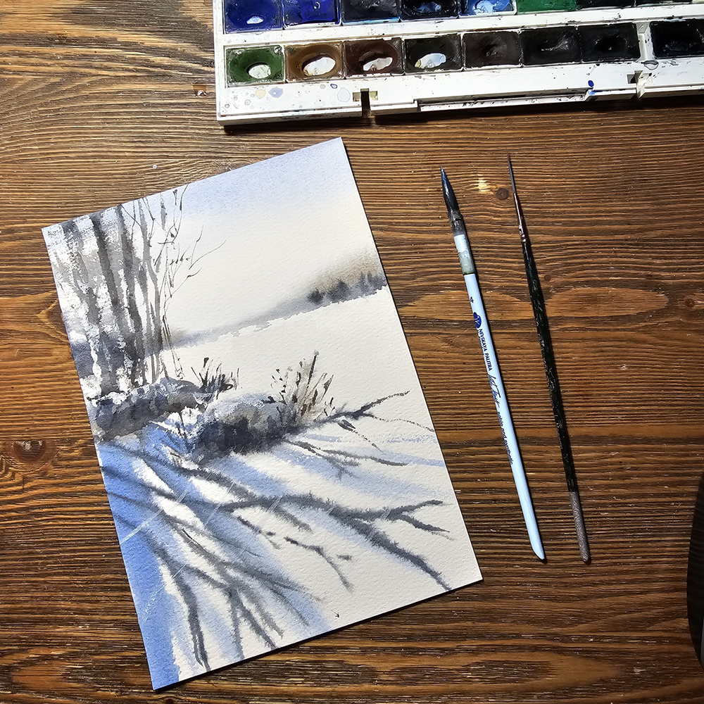 Картина авторская акварельная в паспарту 21х30 см на стену для интерьера "Пейзаж в стиле Андерса Андерссона"