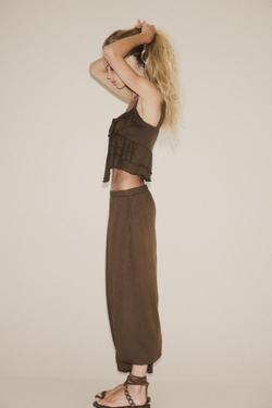 ZARA ТОП С ВОЛАНАМИ И БАНТОМ, КОРИЧНЕВЫЙ