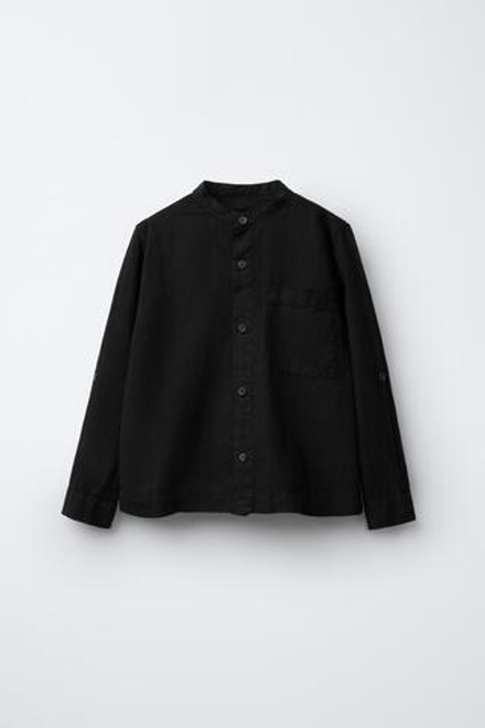 ZARA ЛЬНЯНАЯ РУБАШКА С ВОРОТНИКОМ-СТОЙКОЙ, ЧЕРНЫЙ