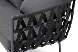 "Диего" диван 2-местный плетеный из роупа, каркас алюминий темно-серый (RAL7024) муар, роуп темно-серый круглый, ткань темно-серая 027