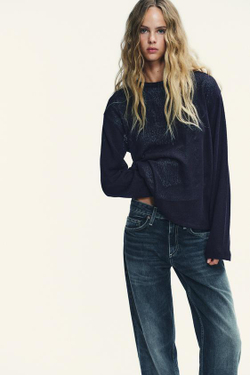 ZARA ДЖИНСЫ TRF С НИЗКОЙ ПОСАДКОЙ И ШИРОКИМИ ШТАНИНАМИ, ТЕМНО-СИНИЙ