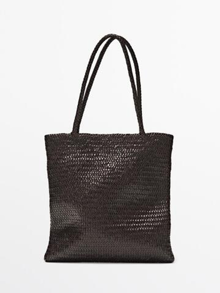 Massimo Dutti Средняя сумка-тоут из плетеной кожи наппа, коричневый