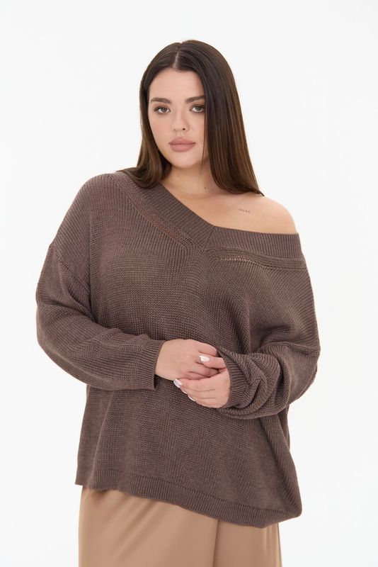 Джемпер вязаный на одно плечо, трюфель