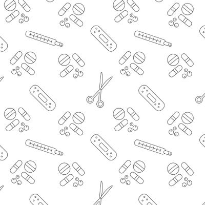 Таблетки, ножницы, градусник, пластырь