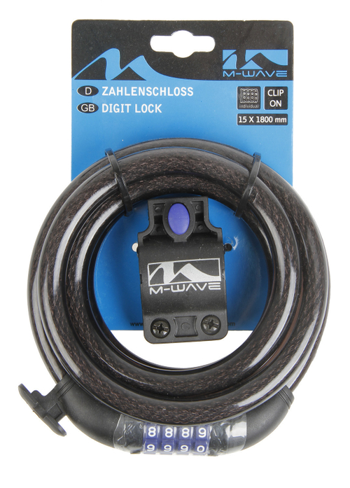 Замок вело кодовый (4 разряда) 15х1800мм полупрозр. оплетка, с крепл. M-WAVE