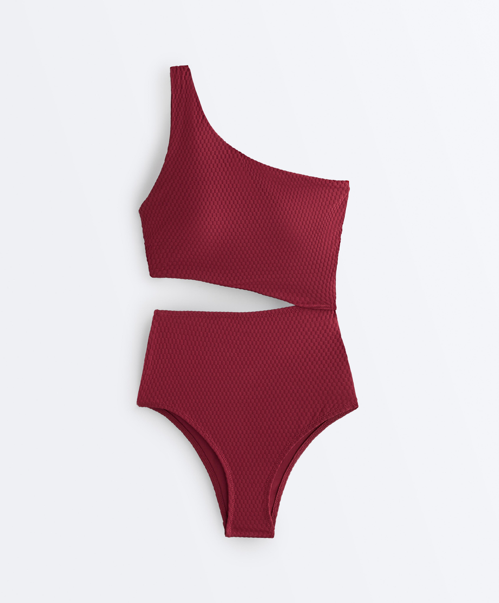 OYSHO Асимметричный купальник с жаккардовым узором, сливовый