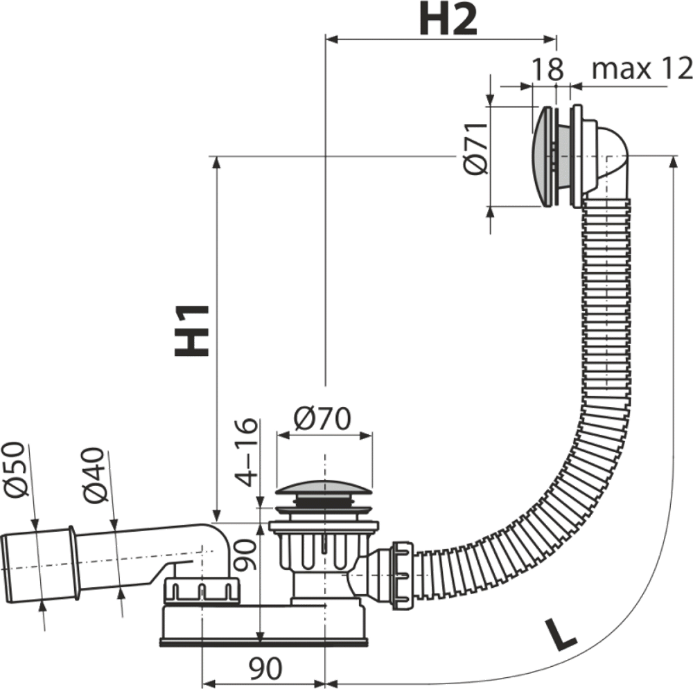 Сифон A507KM-100 для ванны комплект click/clak с заниженным сифоном металл/металл