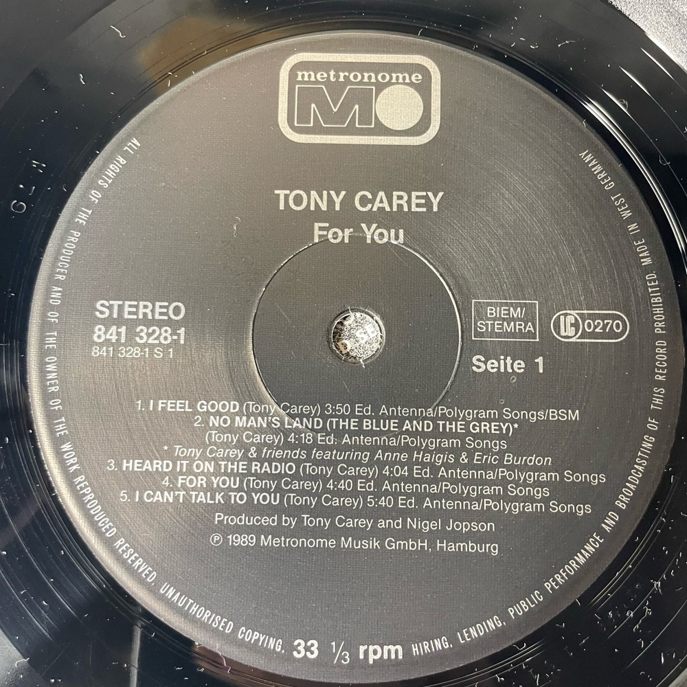 Винтажная виниловая пластинка LP Tony Carey For You (Германия 1989)