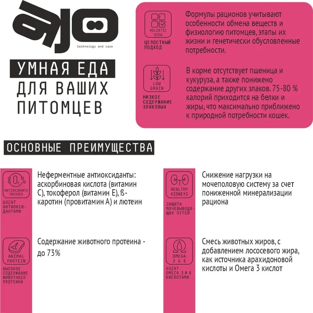 AJO (Айо) Cat Skin & Hair Сухой полнорационный корм для кошек здоровая кожа и красивая шерсть, 400 г
