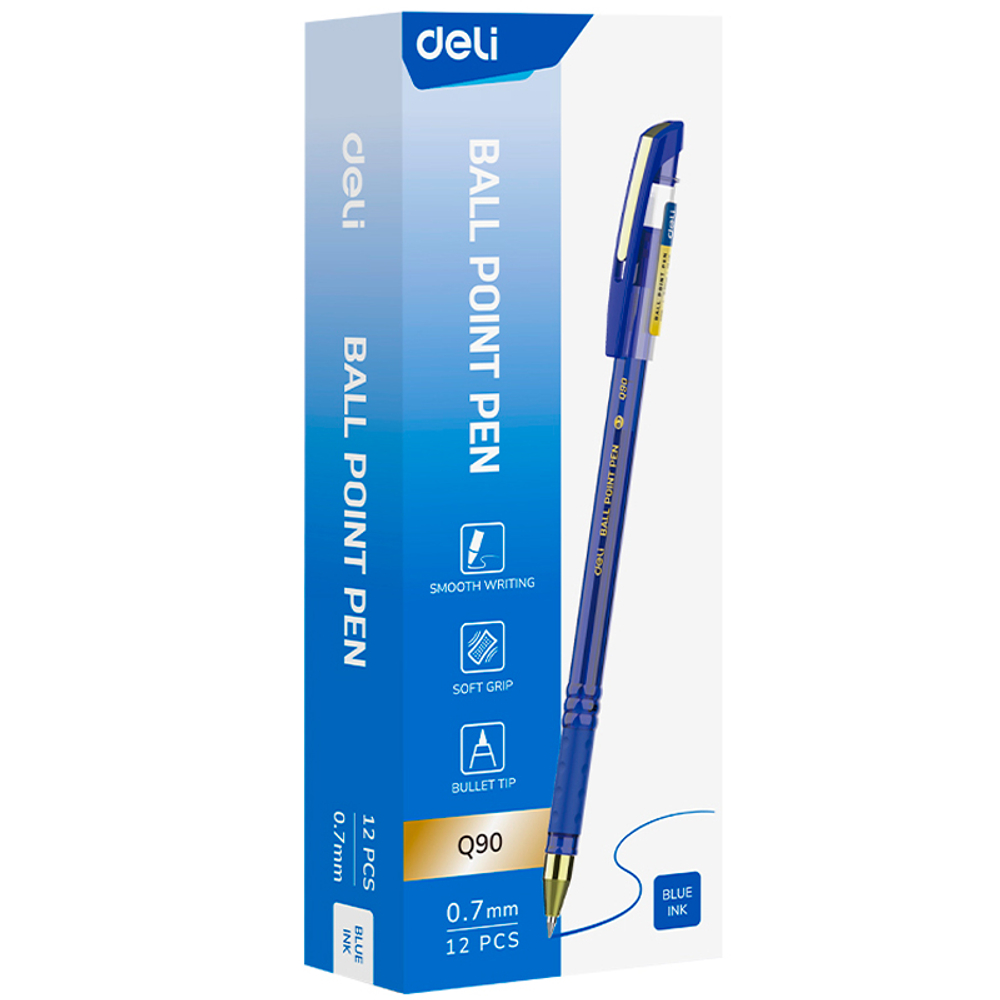 Ручка шариковая DELI "Q90", 0.7 мм, тонированный корпус, синяя, грип