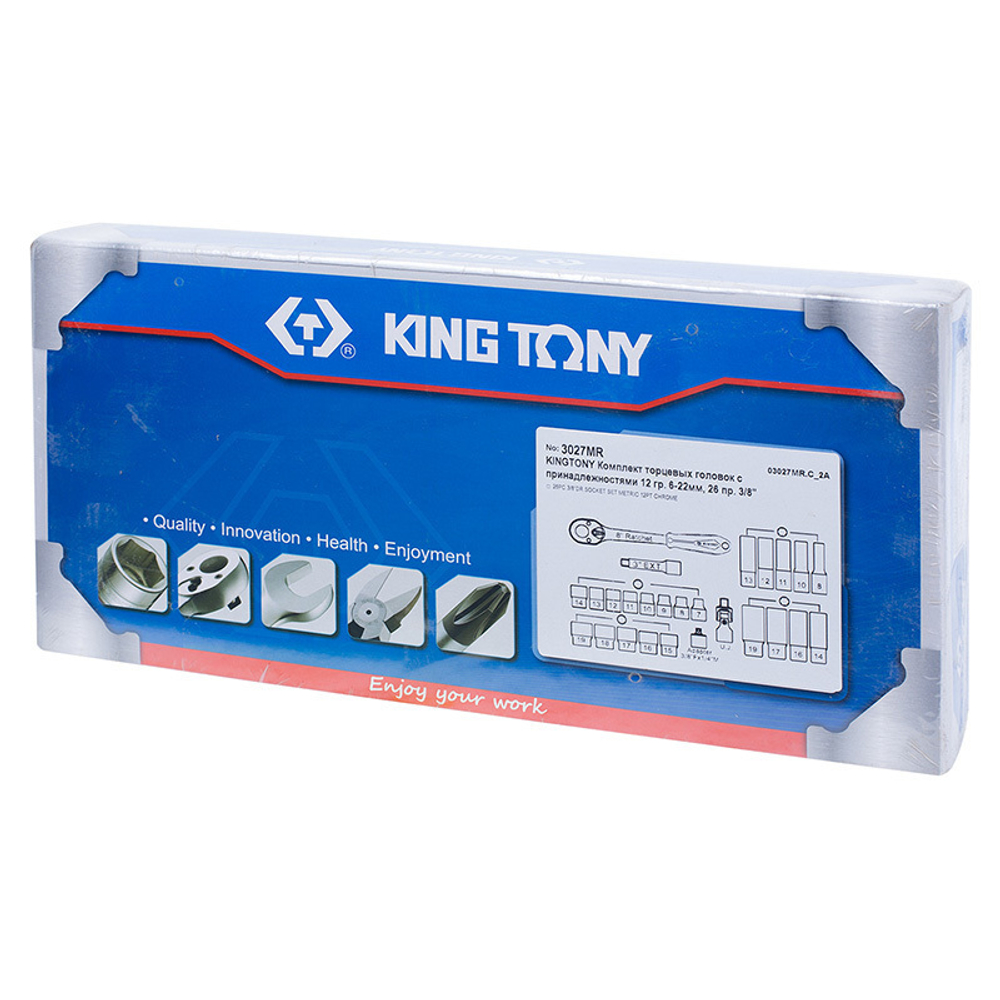 KING TONY (3027MR) Набор торцевых головок с принадлежностями 3/8", 12-гранные, 7-19 мм, 26 предметов