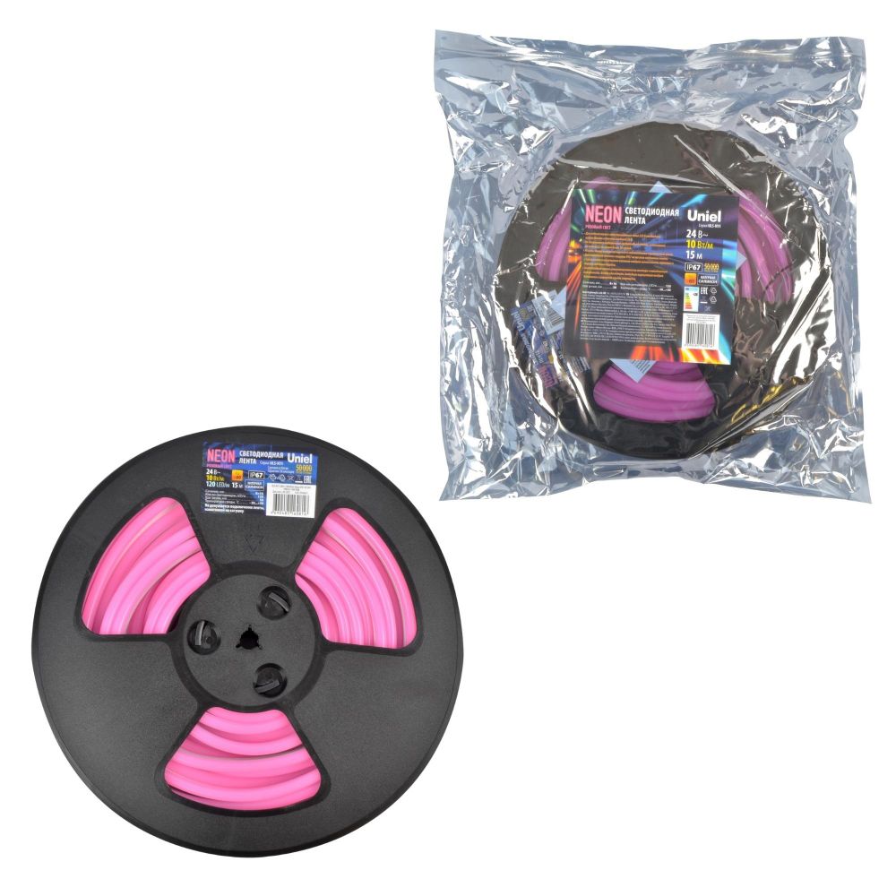 ULS-N11-2835-120LED-m-8mm-IP67-DC24V-10W-m-15M-PINK Светодиодная гибкая герметичная лента. NEON. Катушка 15м. в герметичной упаковке. Розовый свет. ТМ Uniel