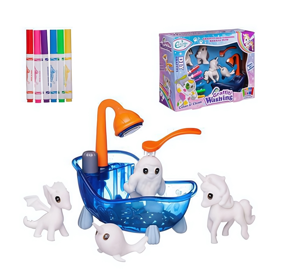 Набор д/творчества Фигурки для раскраски. Волшебные животные в ванне с душем (4 фигурки, 6 фломасте