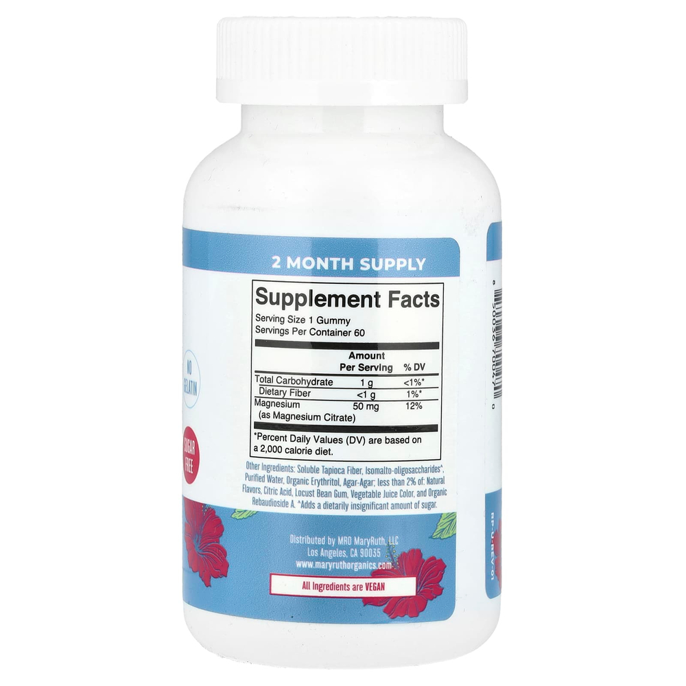 MaryRuth's, Успокаивающие жевательные таблетки с магнием, гибискус, 50 мг, 60 жевательных таблеток