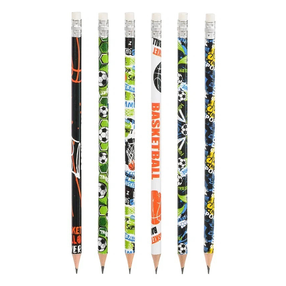 Карандаш простой, чернографитный, Basir, деревянный, с ластиком, серия "Спорт", с рисунком на корпусе, 48 шт