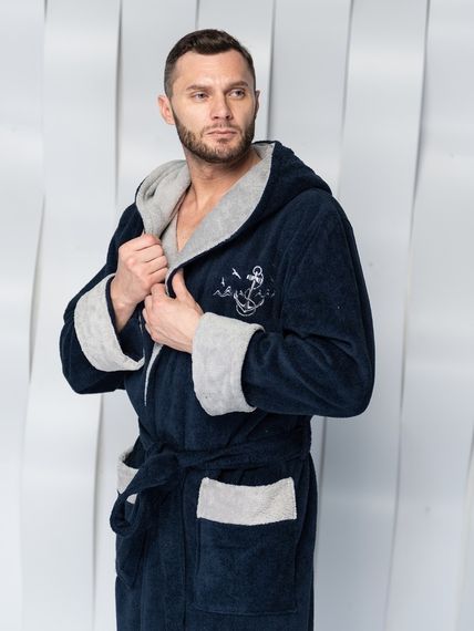 Халат мужской STEVEN с капюшоном Синий/серый "Polens"