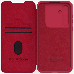 Красный кожаный чехол книжка от Nillkin для смартфона Samsung Galaxy A55 5G, серия Qin Pro Leather с защитной шторкой для камеры
