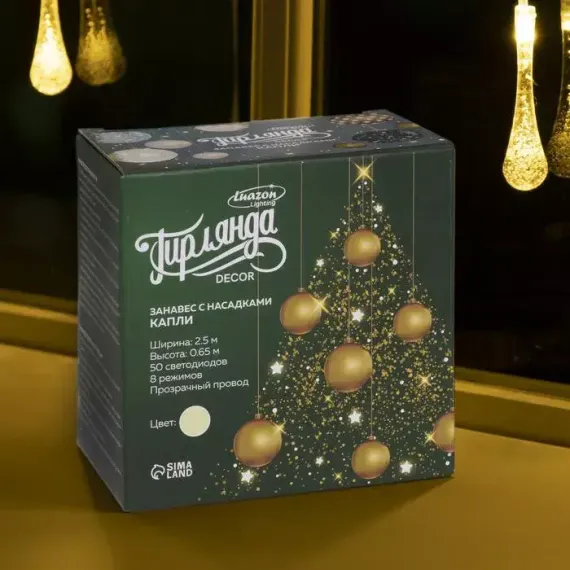 Гирлянда-занавес Капли 2.5*0.65 м., IP20, прозрачная нить, 50 LED, свечение теплое белое, 8 режимов, 220 В., Luazon Lighting (3612412)