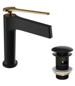 Смеситель для раковины STWORKI Аулум S06010BG матовый черный, матовое золото + донный клапан SD-001BK матовый черный