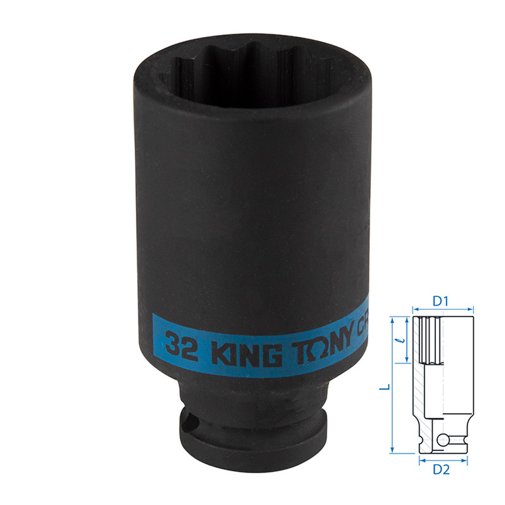 KING TONY (443032M) Головка торцевая ударная глубокая двенадцатигранная 1/2", 32 мм