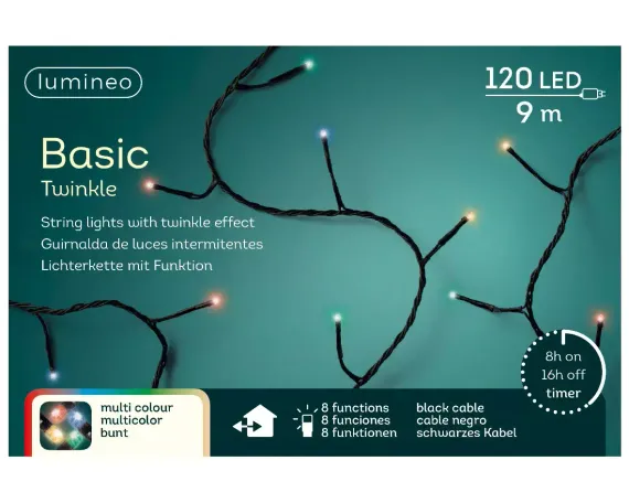 Светодиодная гирлянда с контроллером 9 м, 220V., 120 разноцветных LED ламп, черный ПВХ, Kaemingk (494121)