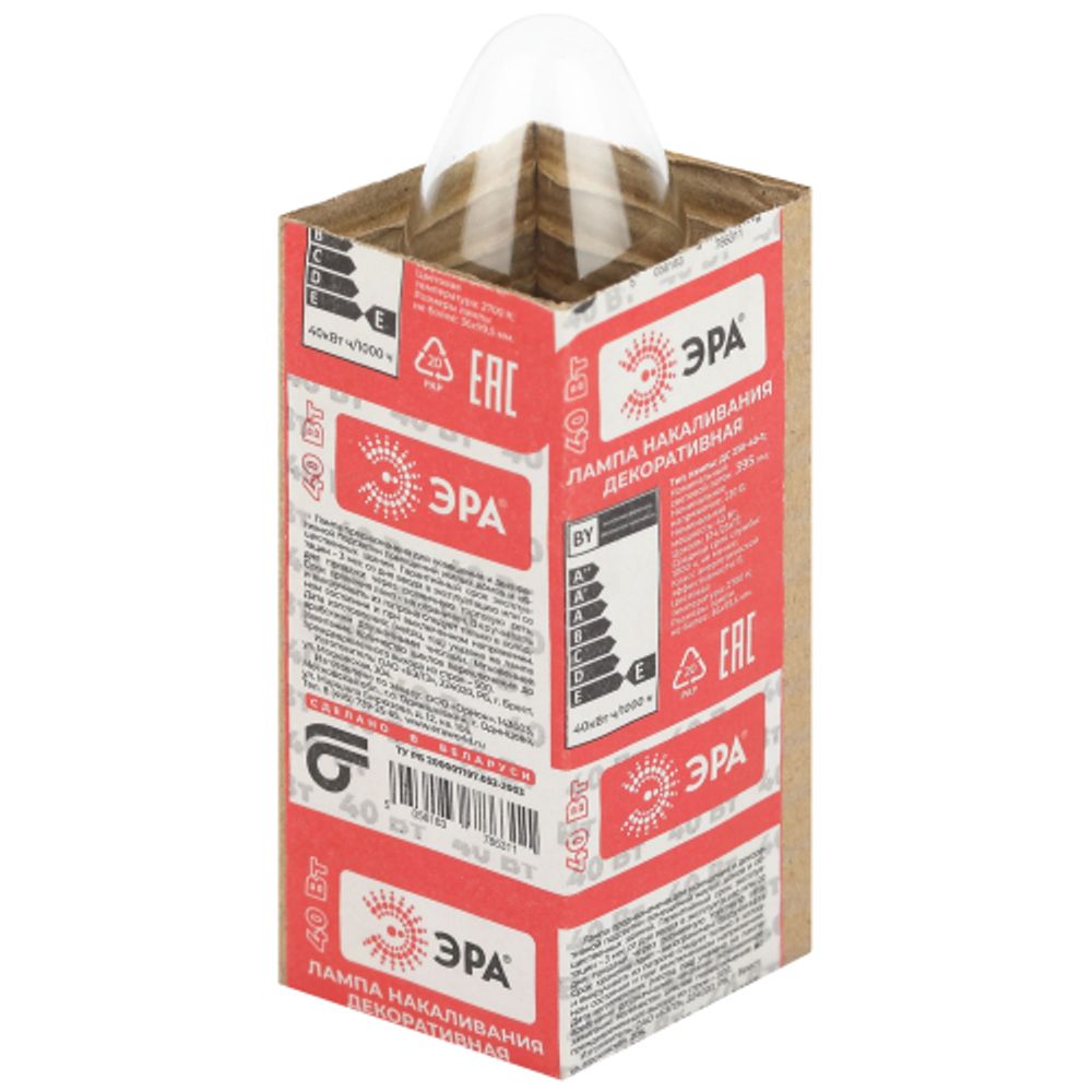 Лампа накаливания ЭРА ДС 230-40-E14-Г 40Вт 230В свечка прозрачная в гофре E14