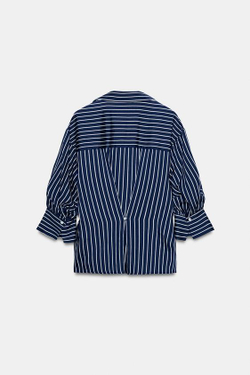 ZARA РУБАШКА В ПОЛОСКУ С ОБЪЕМНЫМИ РУКАВАМИ, ТЕМНО-СИНИЙ/БЕЛЫЙ