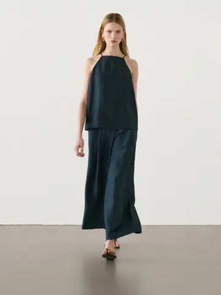 Massimo Dutti Топ из смесового льна с открытой спиной, зеленый