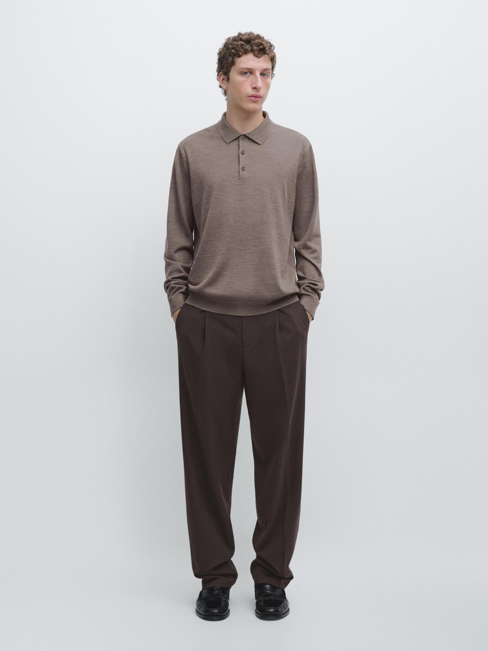 Massimo Dutti Шерстяной свитер с воротником поло, кротово-коричневый