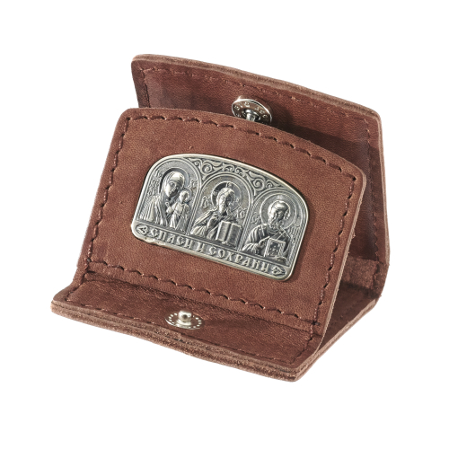 Икона для автомобиля из серебра в чехле из светло-коричневой кожи/Частичное чернение/Казанская/Иисус Христос/Николай Чудотворец