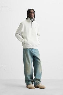 ZARA ТОЛСТОВКА С ВЫШИТЫМ ВОРОТНИКОМ НА МОЛНИИ, СЕРЫЙ С МЕЛАНЖЕВЫМ ЭФФЕКТОМ