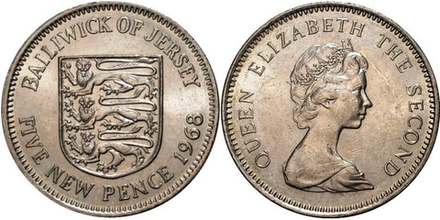 Джерси 5 новых пенсов, 1968 - 1980 Королева Елизавета II XF