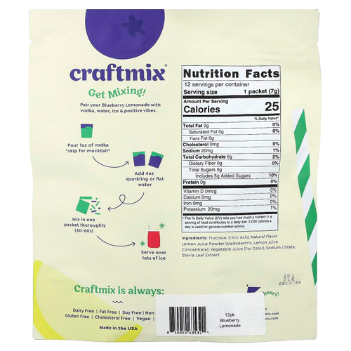 Craftmix, лимонад из голубики, 12 пакетиков, 7 г (0,25 унции) каждый