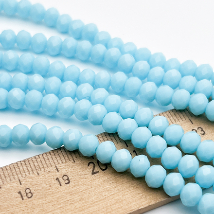 Бусины рондель с огранкой, стекло, цвет светло-голубой матовый, размер около 4,8*6 мм, цена за 38-39 шт (1/2 нити)